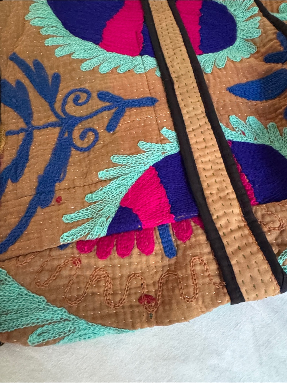 Caravan Bohemian Boutique Boho Floral Embroidered Tote Bag in Brown and Teal - Picture 2 of 11